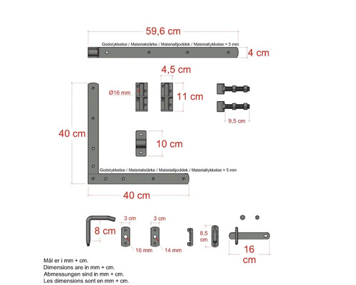 Teknisk ritning av en grindbeslagsuppsättning med mått