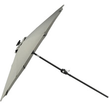 Öppet trädgårdsparasoll med svart parasollfot