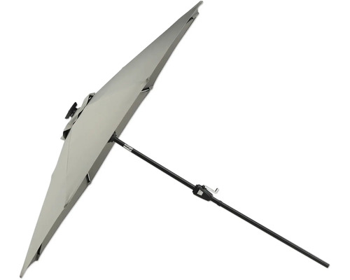 Öppet trädgårdsparasoll med svart parasollfot