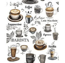 Mönster med olika kaffedrycker som cappuccino, latte macchiato, espresso och mocka