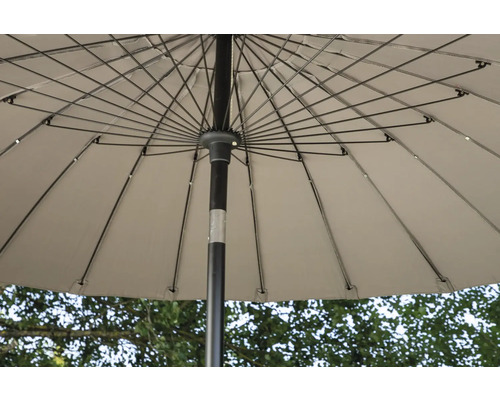 Vy under ett trädgårdsparasoll med metallram och mast