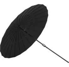 Svart parasoll med ribbor och stativ