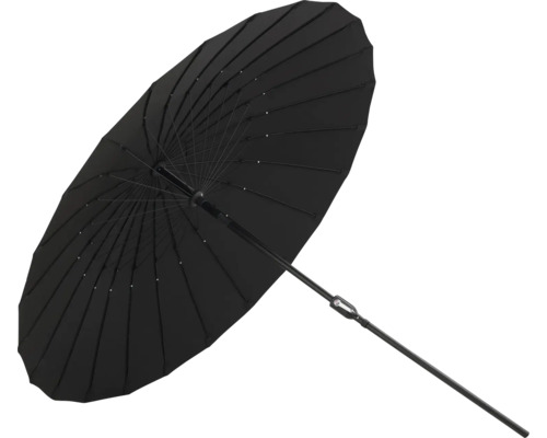 Svart parasoll med ribbor och stativ