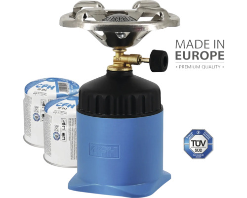 CFH gasbrännare med gaspatroner och TÜV Süd-sigill