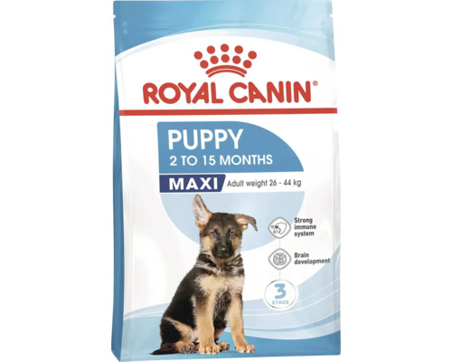 Royal Canin Puppy Maxi hundfoder för valpar från 2 till 15 månader med en vikt på 26 till 44 kilogram.
