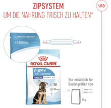 Royal Canin Puppy Maxi hundfoder med dragkedja för att hålla maten fräsch. Finns endast för påsstorlekar på 4 kilogram.