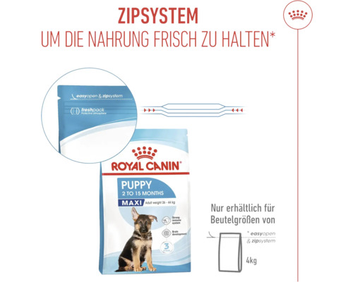 Royal Canin Puppy Maxi hundfoder med dragkedja för att hålla maten fräsch. Finns endast för påsstorlekar på 4 kilogram.