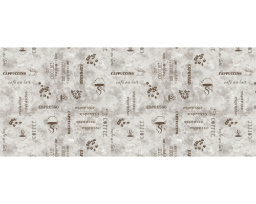 Dekorativt mönster med kaffemotiv som koppar och kaffebönor, och kaffevarianter.