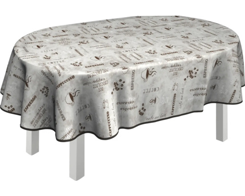 Ovalbord med bordsduk med kaffemotiv