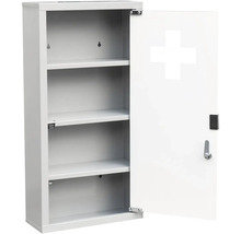 Öppet, låsbart första hjälpen-skåp i metall med hyllor och ett kors på dörren.