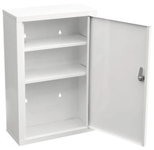 Öppet, vitt medicinskåp med hyllor