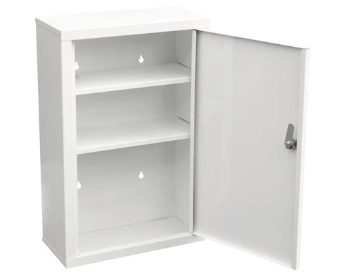 Öppet, vitt medicinskåp med hyllor