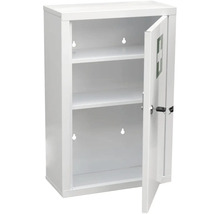 Första hjälpen-skåp av metall med öppen dörr och tre hyllor