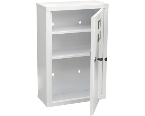 Första hjälpen-skåp av metall med öppen dörr och tre hyllor