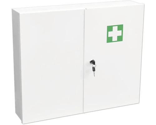 Medicinskåp DUSCHY med låsbar dörr vit metall 60x50cm Första hjälpen-skåp med nyckel och grönt kors