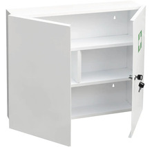 Öppet, låsbart första hjälpen-skåp i metall med hyllor och grön korssymbol