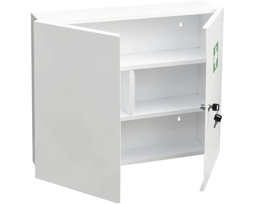 Öppet, låsbart första hjälpen-skåp i metall med hyllor och grön korssymbol