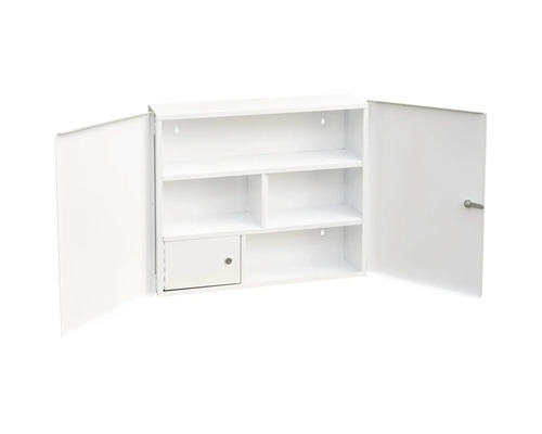 Öppet vitt medicinskåp med hyllor och låsbart fack