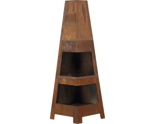 Rostfärgad trädgårdskamin i metall med eldstad och förvaringsutrymme