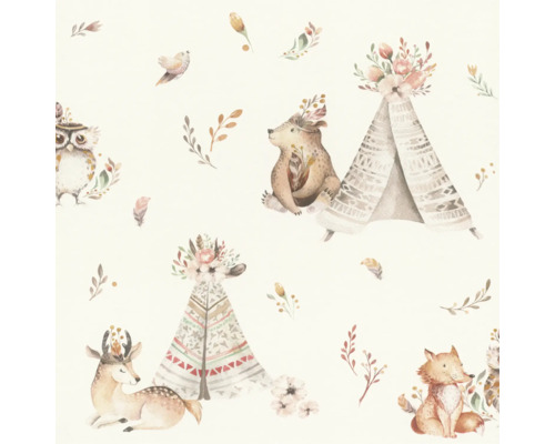 Tapet med djurmotiv, inklusive björnar, rävar, hjortar, ugglor och tipis