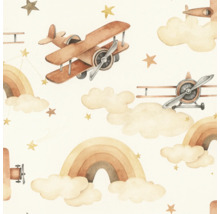 Illustration med flygplan, stjärnor, moln och regnbågar