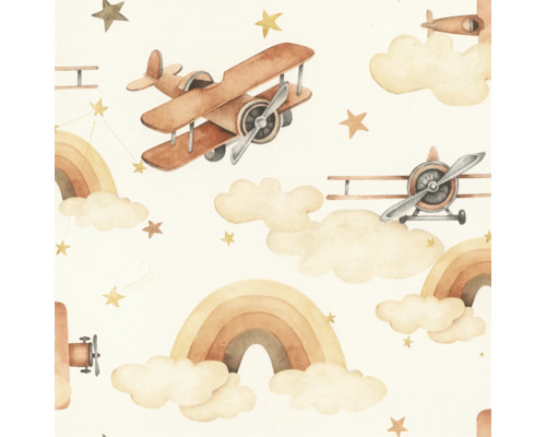 Illustration med flygplan, stjärnor, moln och regnbågar