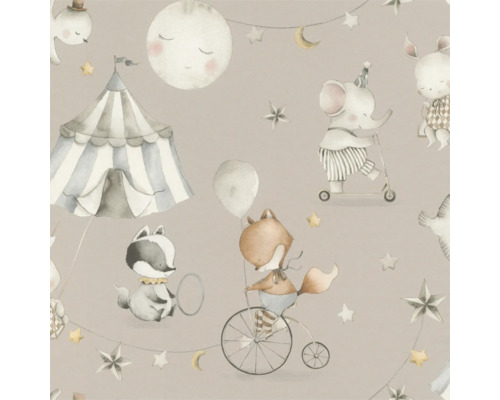 Illustration med cirkusmotiv och djur som elefant, räv och tvättbjörn