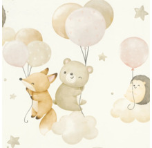 Illustration av räv, björn och igelkott som hänger i ballonger och moln