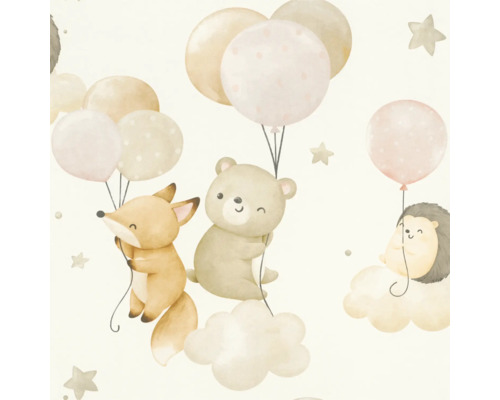 Illustration av räv, björn och igelkott som hänger i ballonger och moln