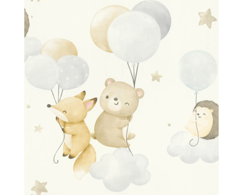 Illustration av en räv, björn och igelkott som hänger i ballonger och moln