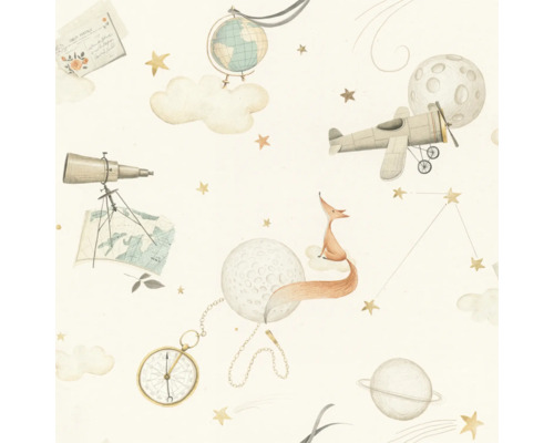 Tapet med illustrationer av glober, teleskop, flygplan, räv och stjärnor