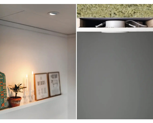 Två interiörscener visar en taklampa och en hyllkonstruktion med dekoration.