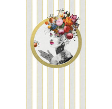 Dekorativ väggpanel med blommigt kvinnomotiv i en gyllene cirkel på en randig bakgrund