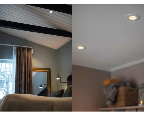 Två rumsvyer med infällda spotlights för belysning