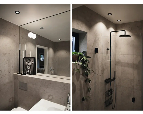 Modernt badrum med dusch, spegel och belysning