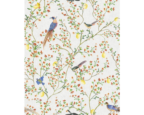 Tapet med blommönster, grenar, citroner och fågelmotiv