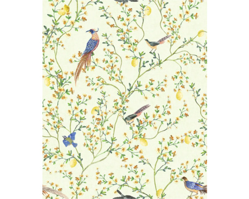 Tapet med fågel-, blom- och citronmönster
