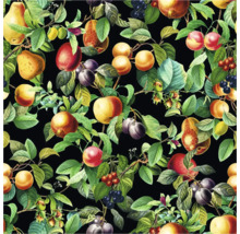 Mönster med olika frukter och blad på svart bakgrund