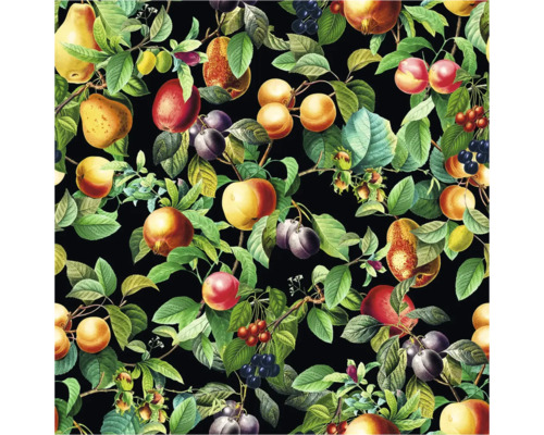 Mönster med olika frukter och blad på svart bakgrund