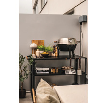 Uteplats med grill, grillverktyg och örter på en svart hylla