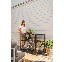 Grillvagn med kvinna, grillverktyg och dekoration utomhus