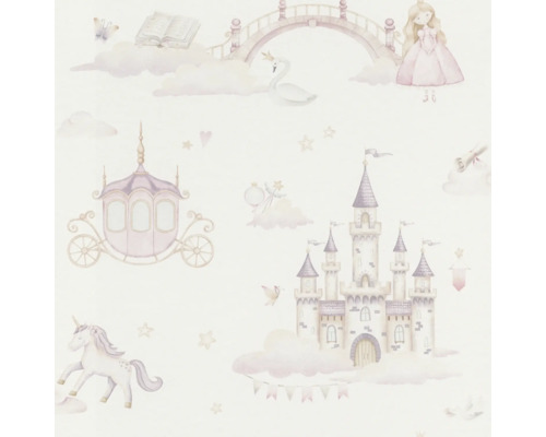 Tapet med sagomotiv som slott, vagn, enhörning och prinsessa.
