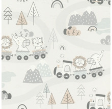 Tapet med djurmotiv i vagnar framför ett berg- och trädlandskap