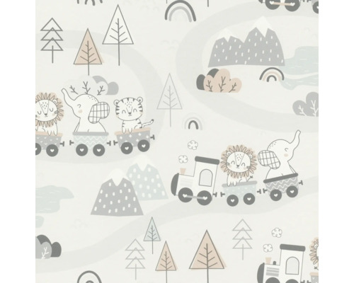 Tapet med djurmotiv i vagnar framför ett berg- och trädlandskap
