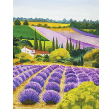 Målning av ett landskap med lavendelfält och ett hus