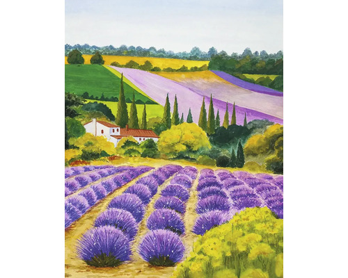 Målning av ett landskap med lavendelfält och ett hus