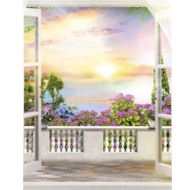 Fototapet med motiv av en öppen dörr till en blommande balkong i solnedgången