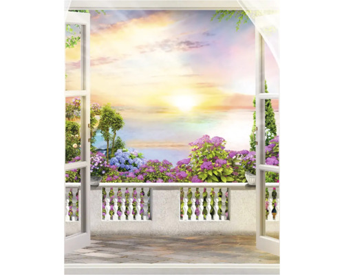 Fototapet med motiv av en öppen dörr till en blommande balkong i solnedgången