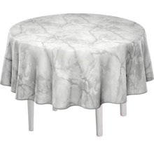 Runt bord med bordsduk i marmorimitation