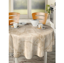 Rund bord med marmor-duk, bordsservis och stolar